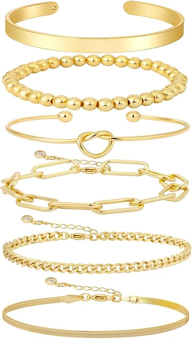 Gold Bracelets for women 14K Gold Bangle Bracelet Stack - Adjustabl...
