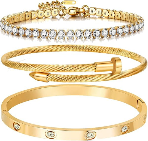 A D. ALLEN & DANMI. 18 K Gold Plated Love Bangle Bracelet Set Flexi...