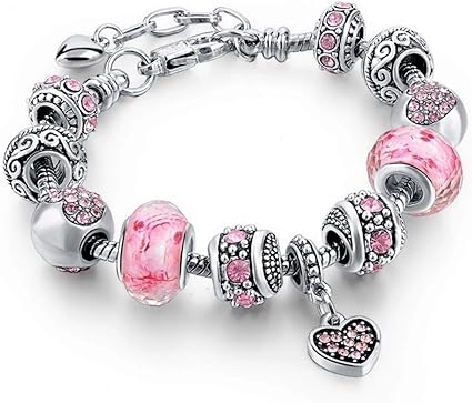 Pink Hearts Silver Plated Charm Bracelet Set