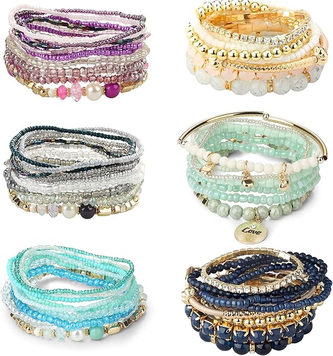 LOYALLOOK 6 Sets Bohemian Stackable Bead Bracelets for Women Stretc...